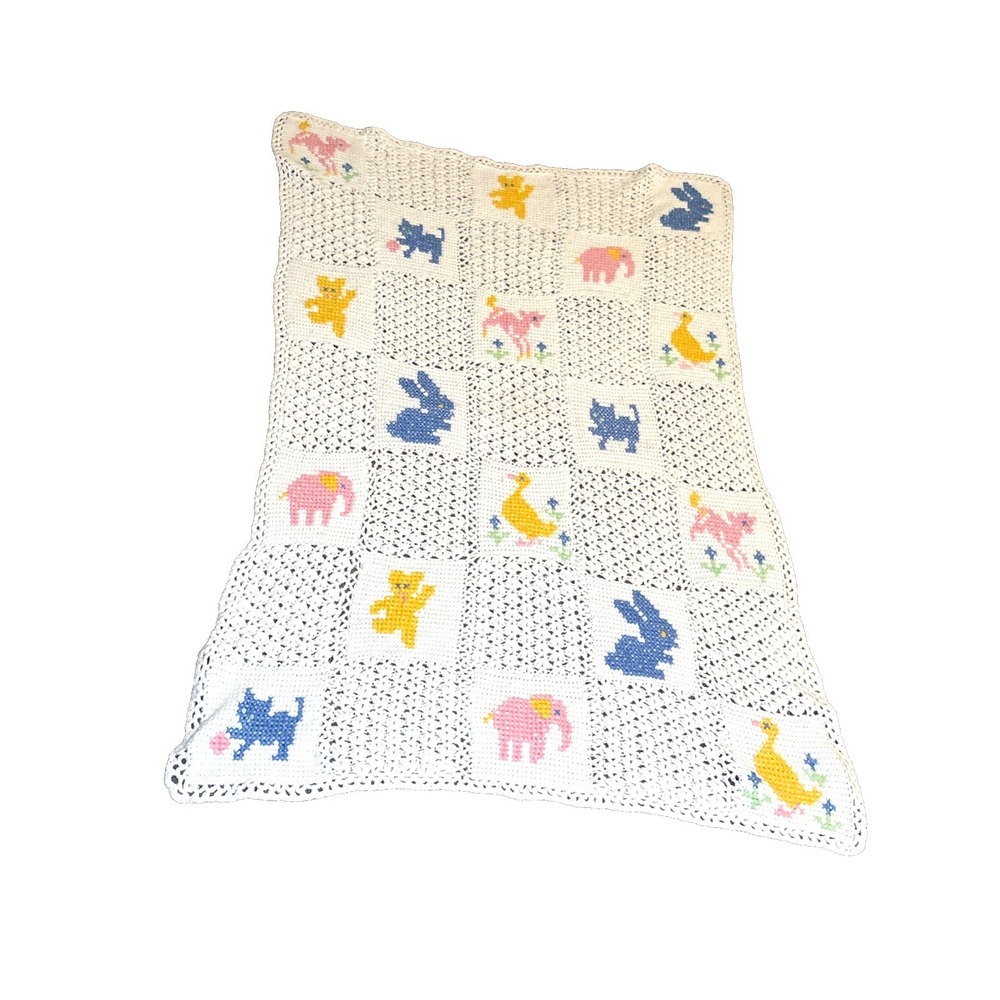 Vintage Crocheted Baby Blanket White With Pastel Animals Duck Bunny Kitten 28x46